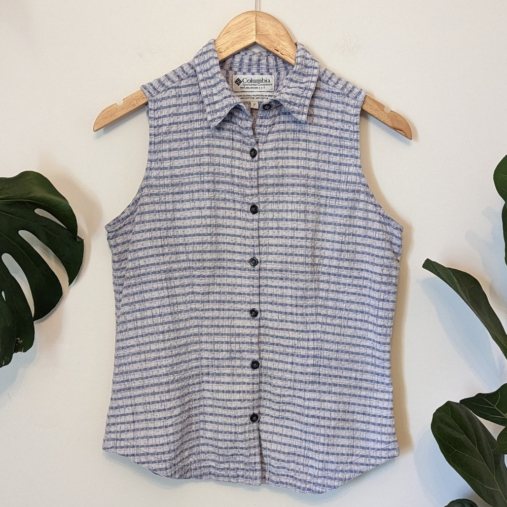 Columbia Sleeveless Button-Up Top in Light Blue and White